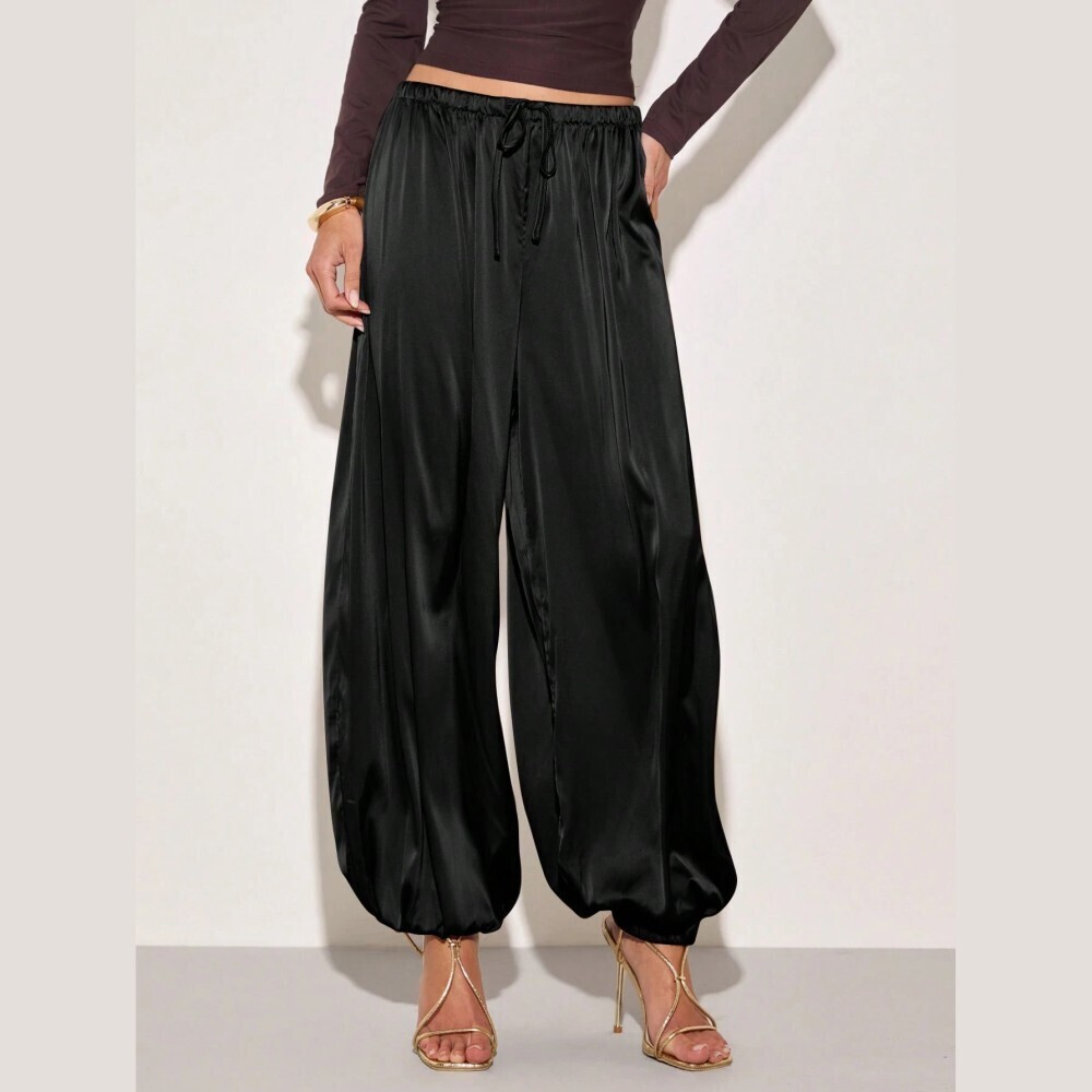 Black Satin Drawstring Harem Pants - Balloon Leg Wide Trousers